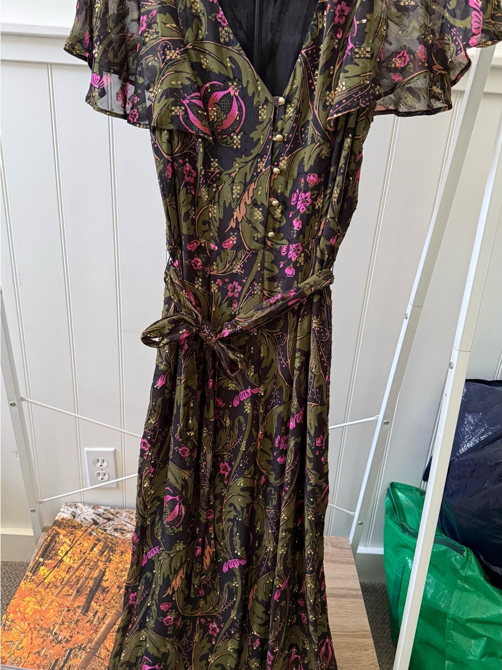 Anthropologie Olive Green Jumpsuit with Pink Floral Print - Picture 4 of 5